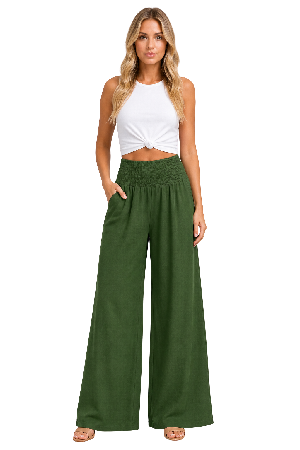 Theodora Damen Leinenhose – Weites Bein & Gesmokter Elastischer Bund