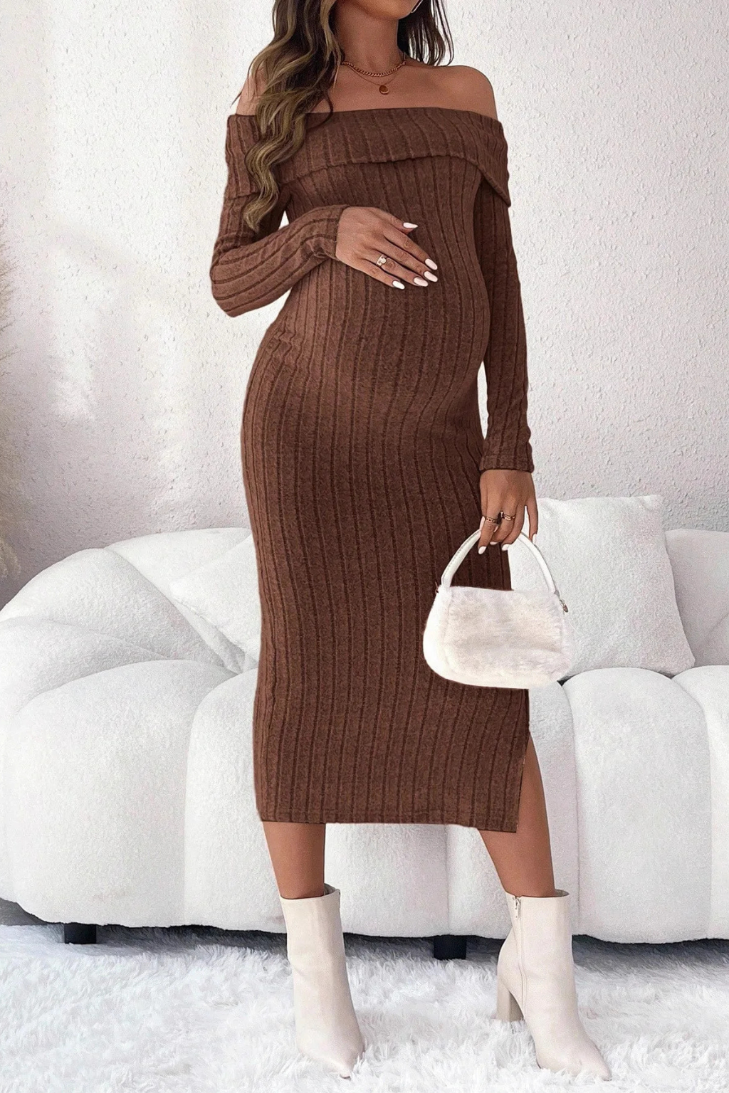 Winifred | Damen Umstandskleid – Off-Shoulder & Midi Elegant Gerippt