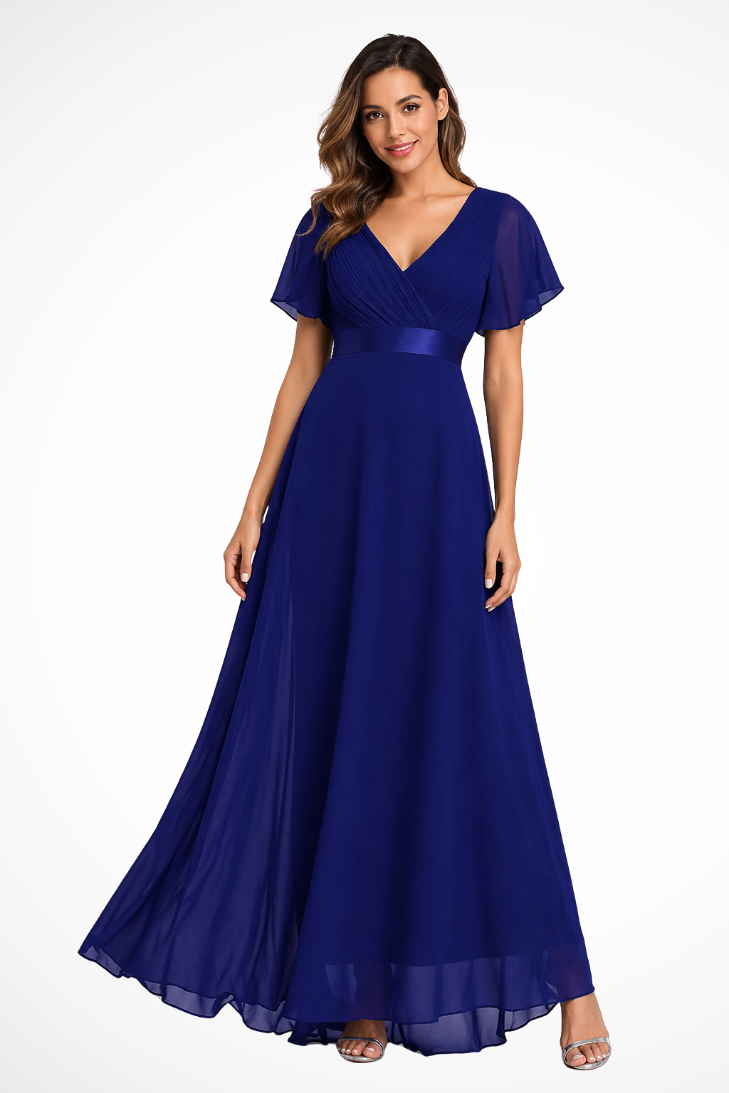 Georgiana Damen Maxikleid – Chiffon V-Ausschnitt & Volantärmel Elegant
