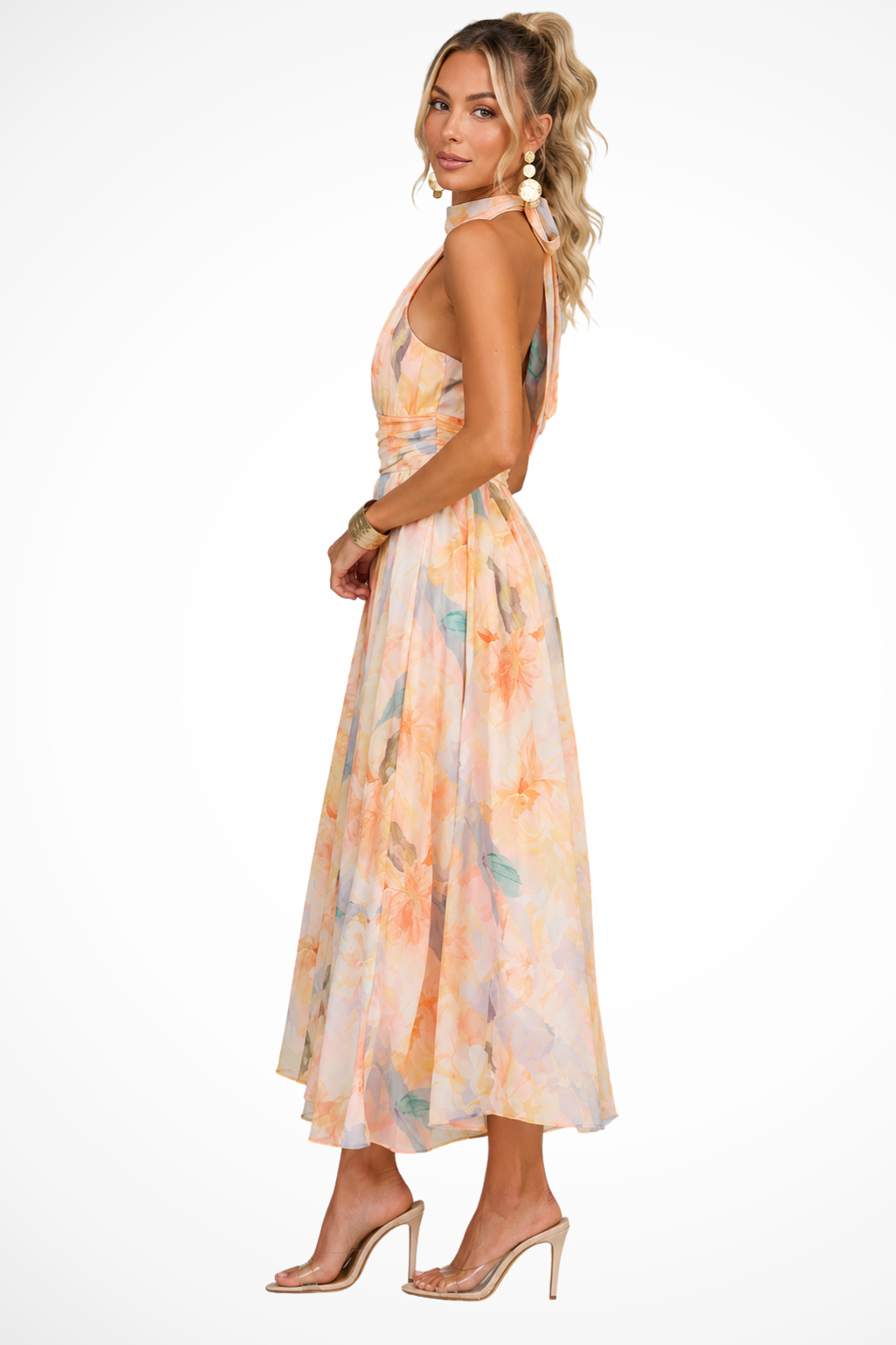 Marigold Damen Maxikleid – Halterneck Floral Chiffon Elegant
