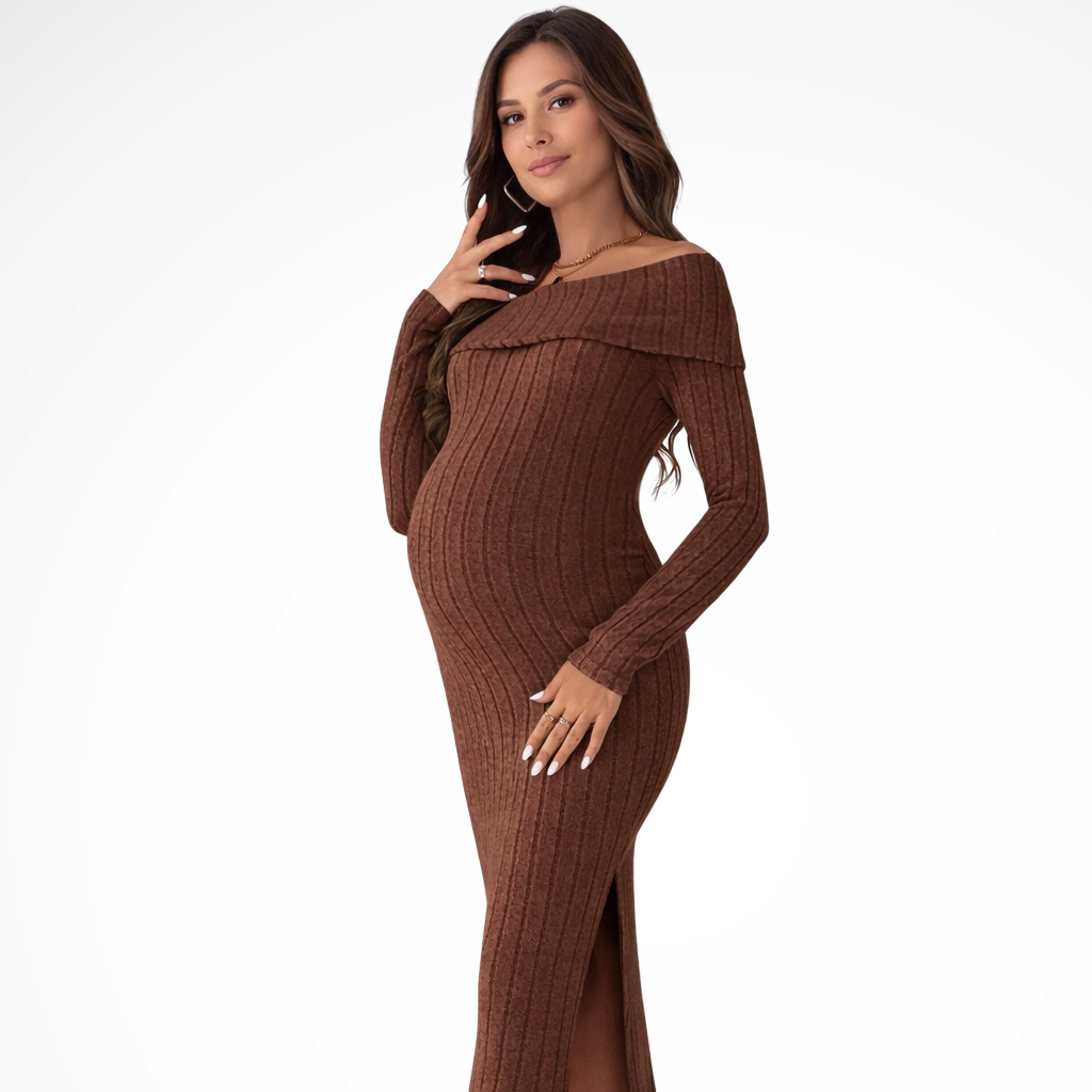 Winifred | Damen Umstandskleid – Off-Shoulder & Midi Elegant Gerippt
