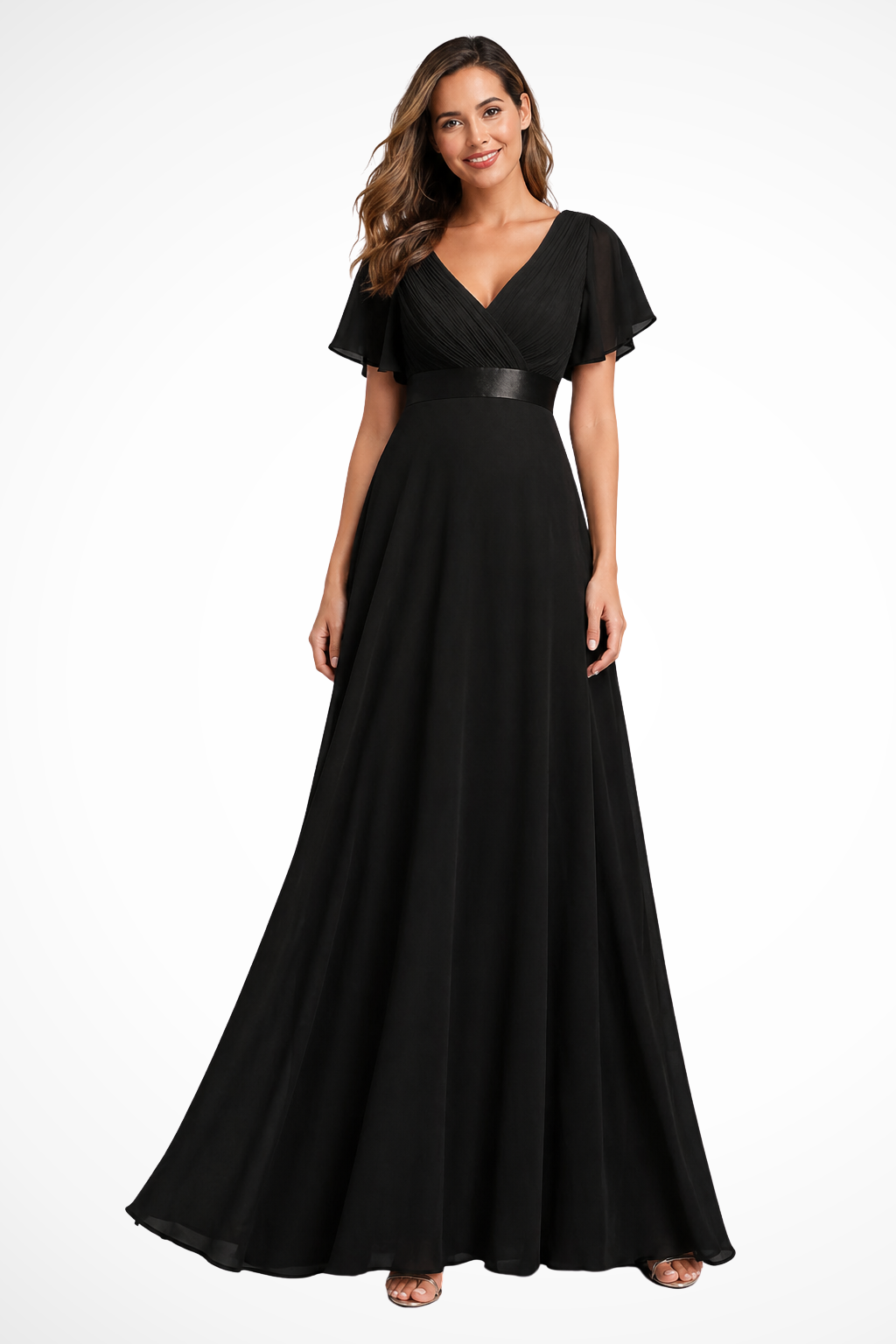 Georgiana Damen Maxikleid – Chiffon V-Ausschnitt & Volantärmel Elegant