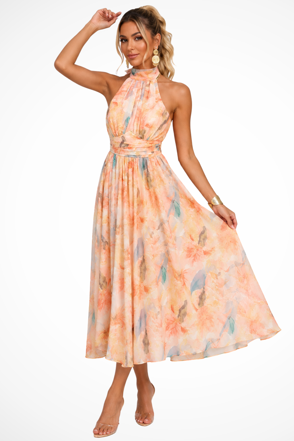Marigold Damen Maxikleid – Halterneck Floral Chiffon Elegant