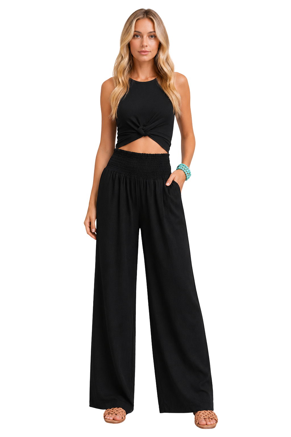 Theodora Damen Leinenhose – Weites Bein & Gesmokter Elastischer Bund