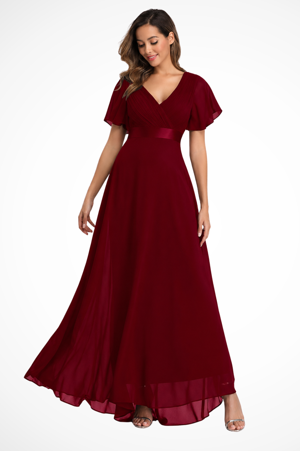 Georgiana Damen Maxikleid – Chiffon V-Ausschnitt & Volantärmel Elegant