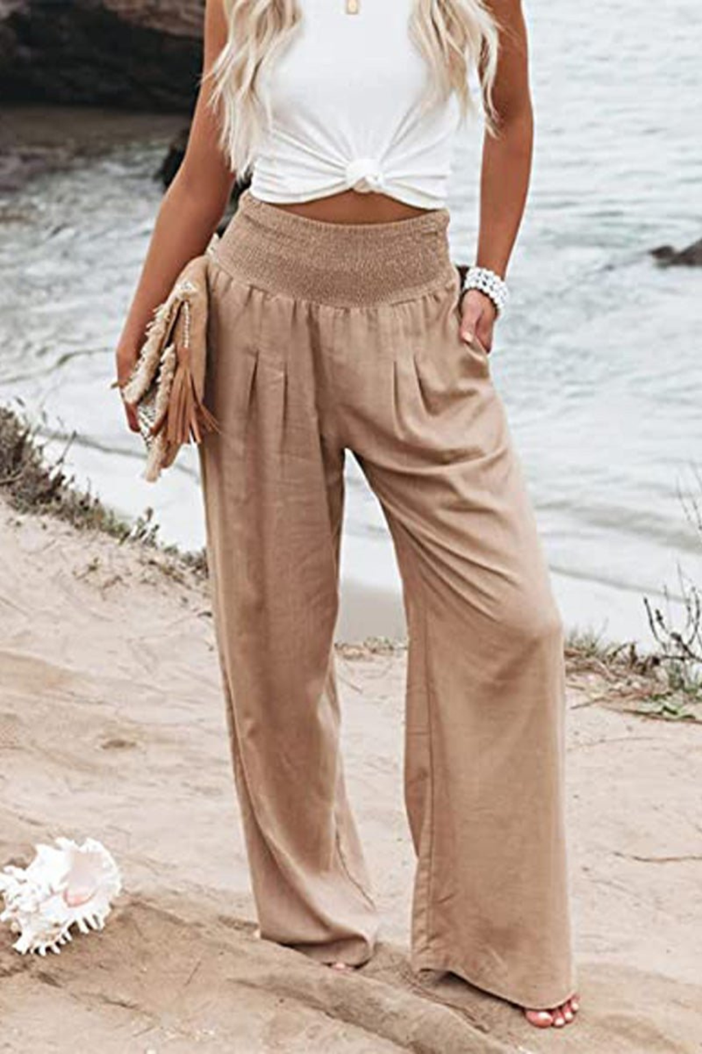 Theodora Damen Leinenhose – Weites Bein & Gesmokter Elastischer Bund