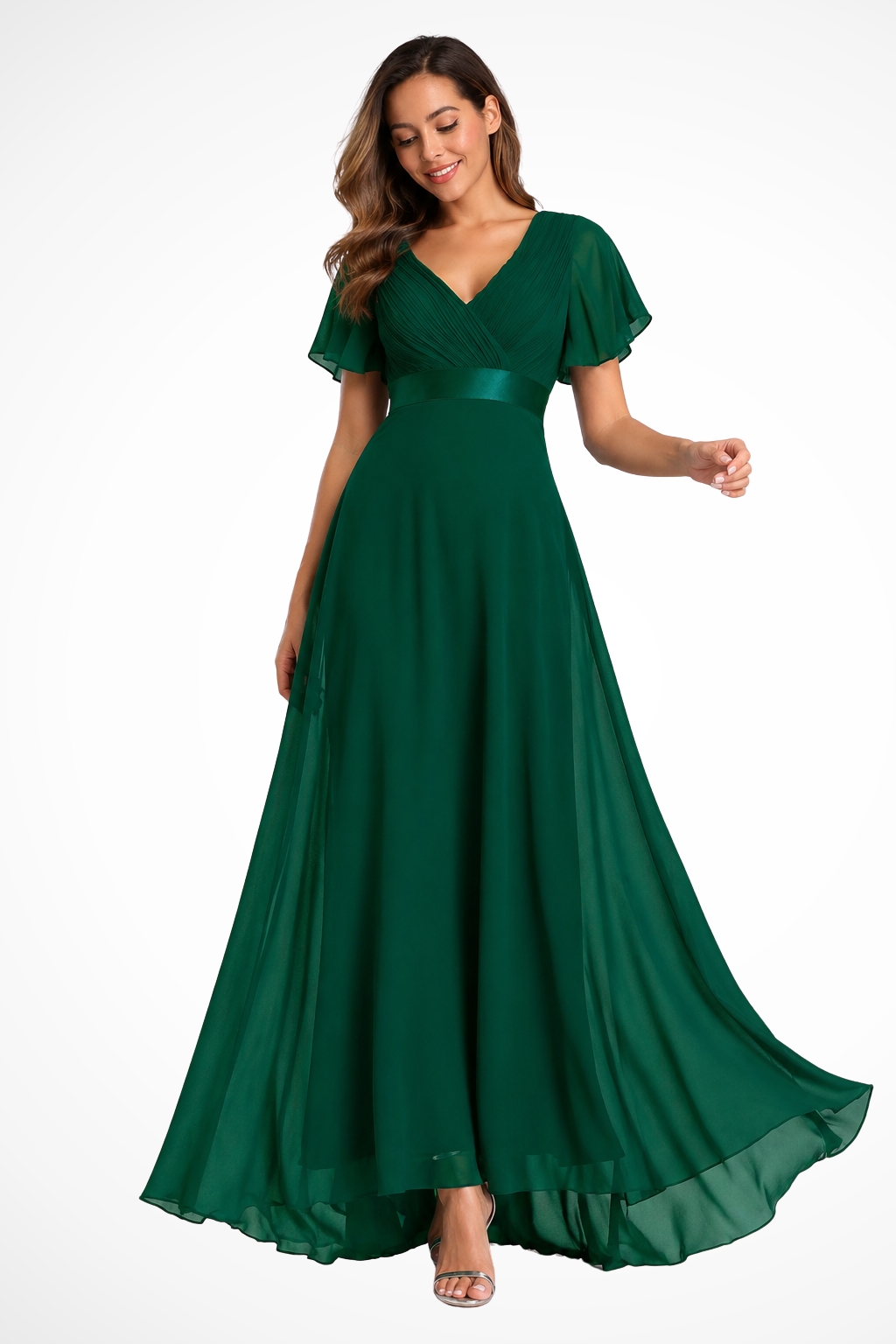 Georgiana Damen Maxikleid – Chiffon V-Ausschnitt & Volantärmel Elegant