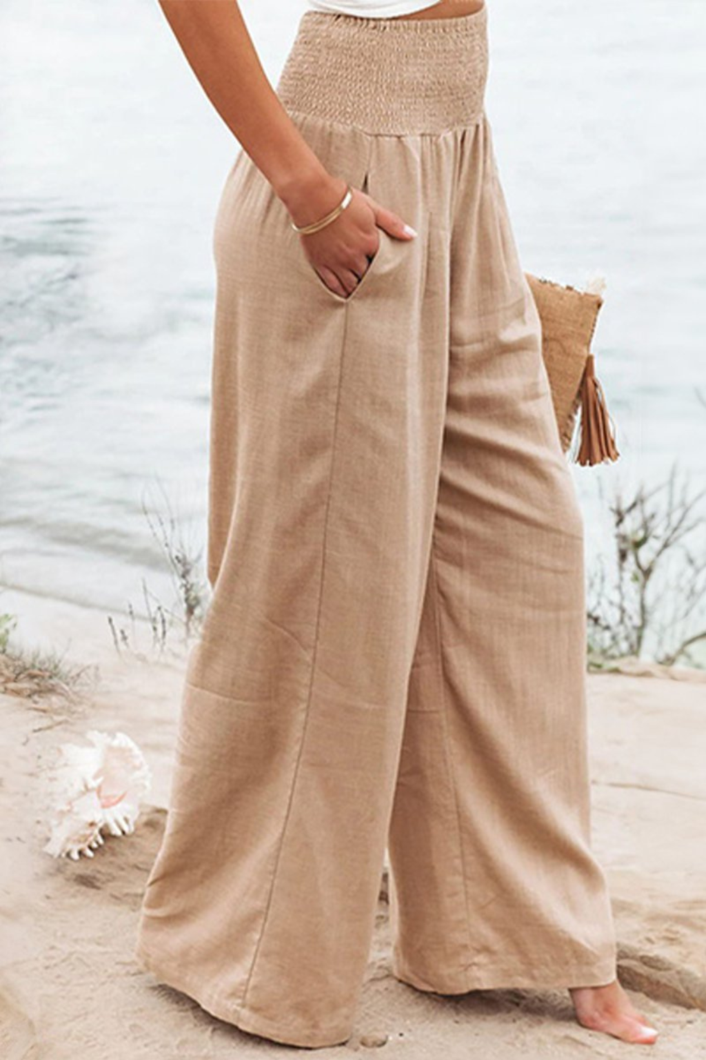 Theodora Damen Leinenhose – Weites Bein & Gesmokter Elastischer Bund