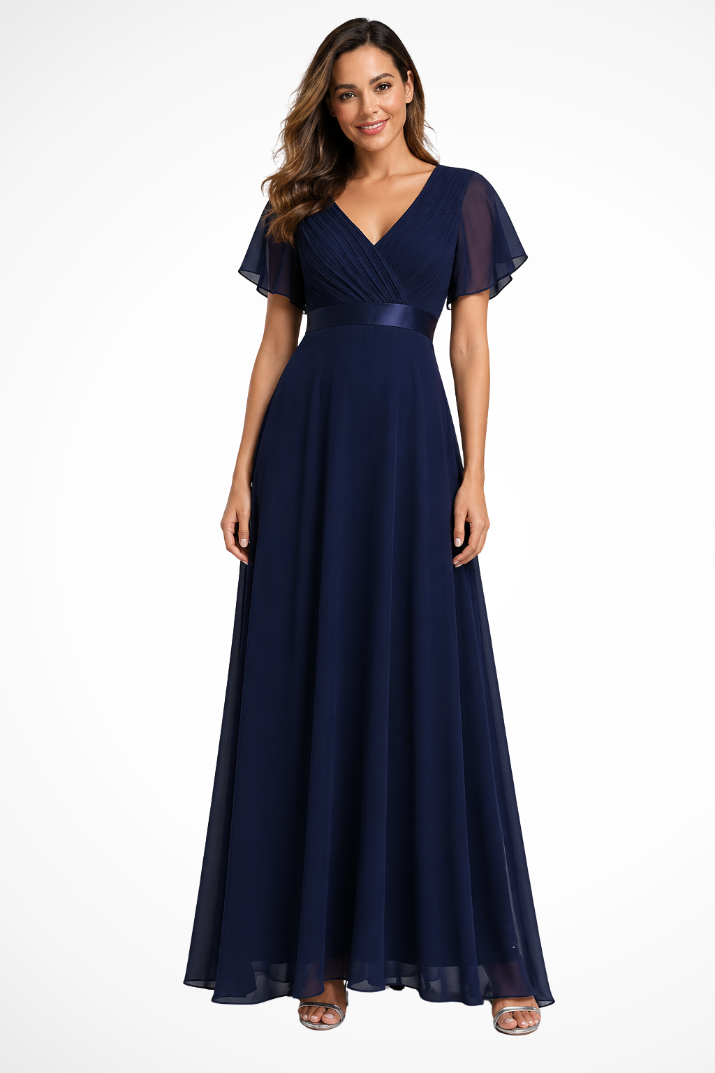 Georgiana Damen Maxikleid – Chiffon V-Ausschnitt & Volantärmel Elegant