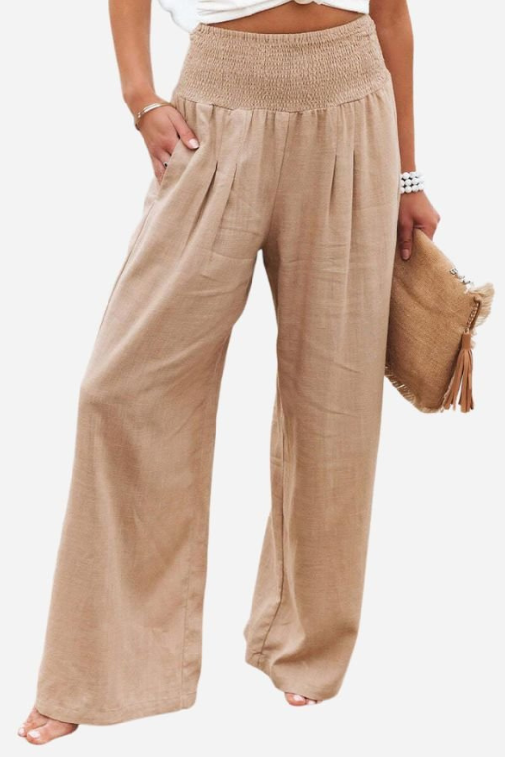 Theodora Damen Leinenhose – Weites Bein & Gesmokter Elastischer Bund