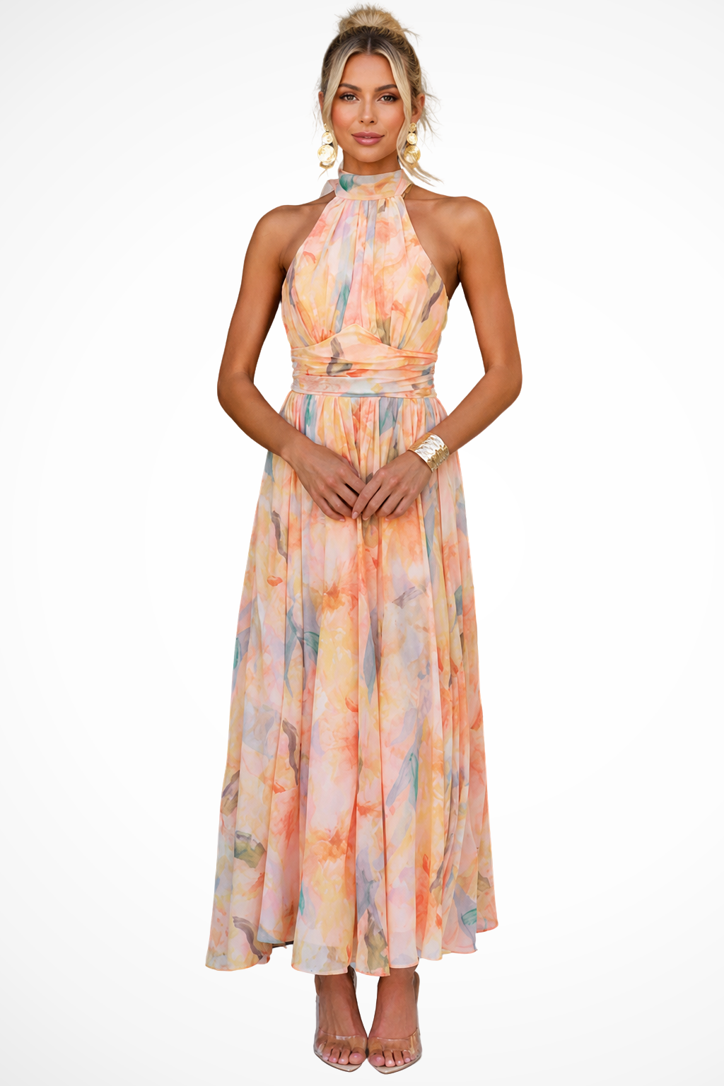 Marigold Damen Maxikleid – Halterneck Floral Chiffon Elegant