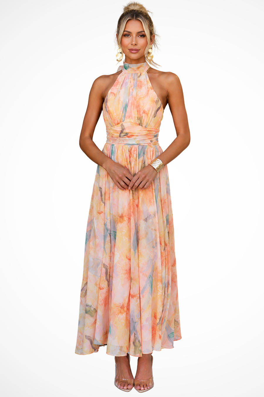 Marigold Damen Maxikleid – Halterneck Floral Chiffon Elegant