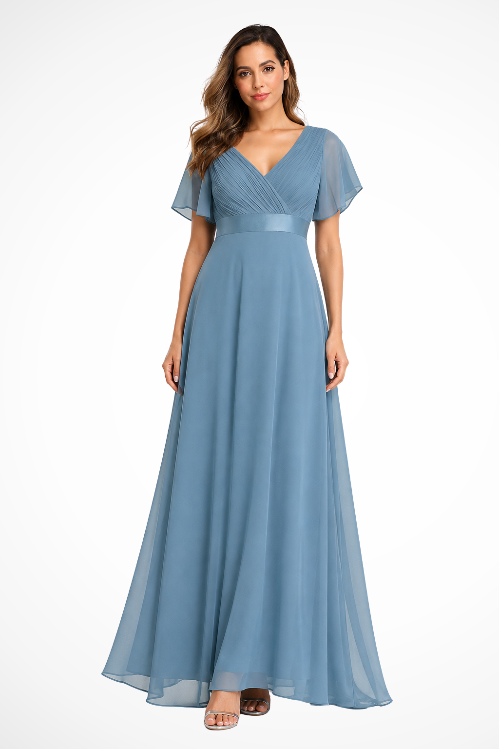 Georgiana Damen Maxikleid – Chiffon V-Ausschnitt & Volantärmel Elegant