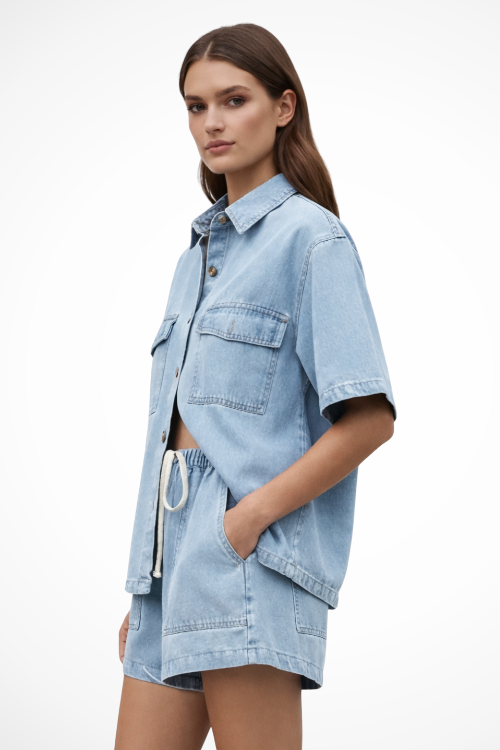 Sadie | Damen Denim Set – Hemd & Shorts Sommerlich