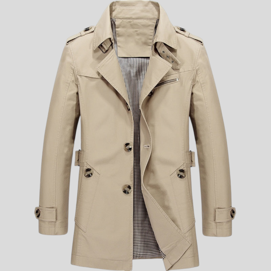 Herren Mantel mit Gürtel - Langer Mantel - Doppelreihige Knopfleiste Vorne