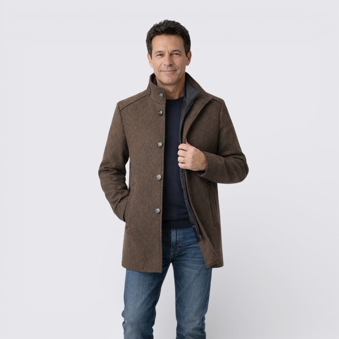 Herren Mantel mit Stehkragen - Langer Mantel - Knopfleiste Vorne