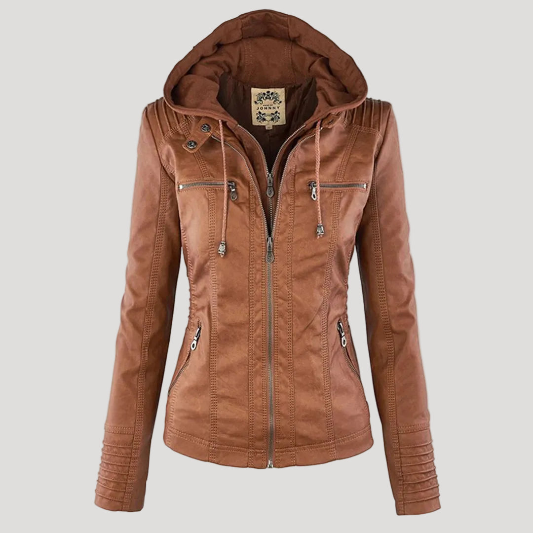 Damen Wetterfeste Lederlook-Jacke mit Kapuze