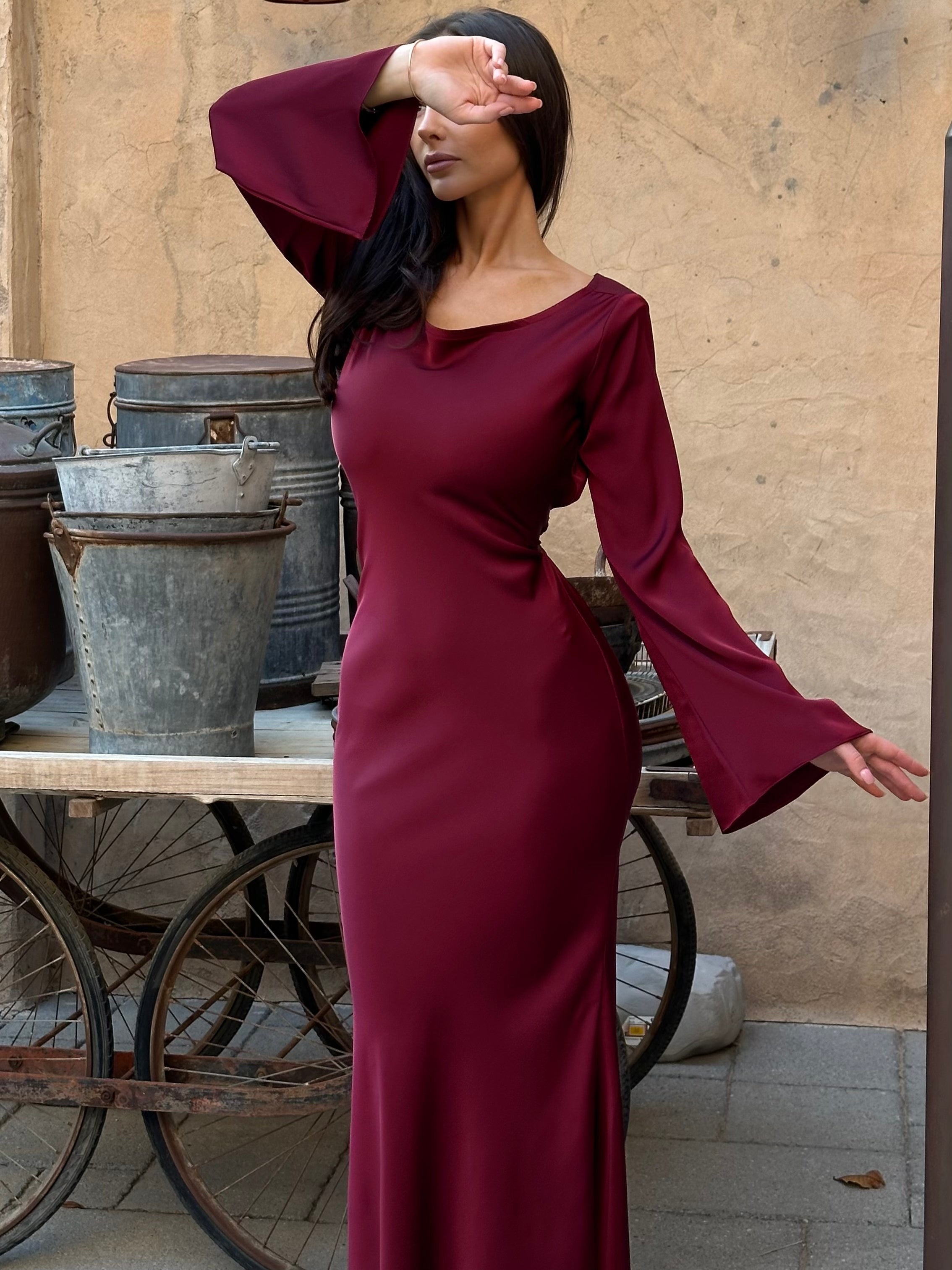 Damen Elegantes Langarm-Maxikleid mit Satin-Look