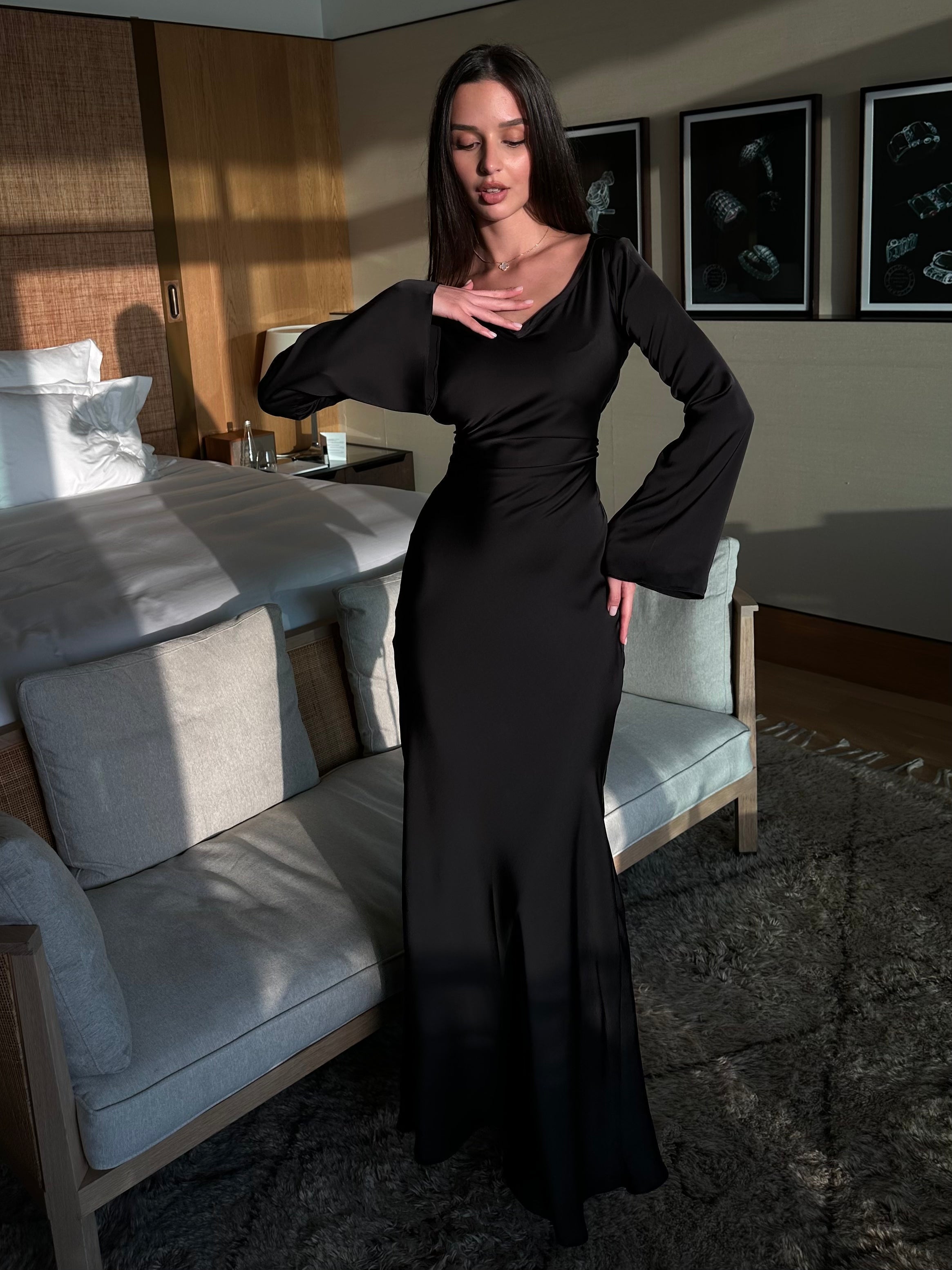 Damen Elegantes Langarm-Maxikleid mit Satin-Look
