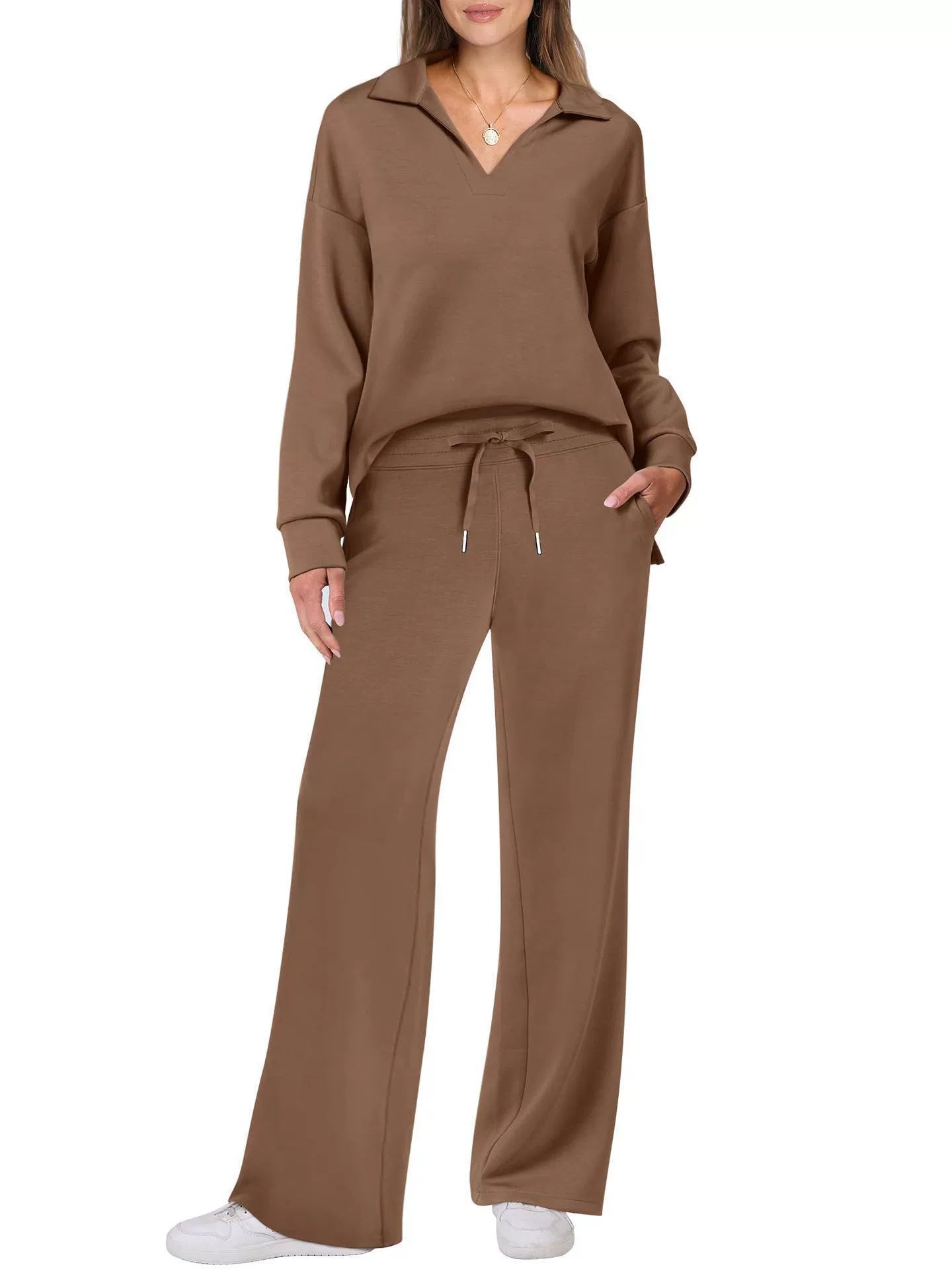Damen Casual Set mit Zipper-Pullover und Weiter Hose