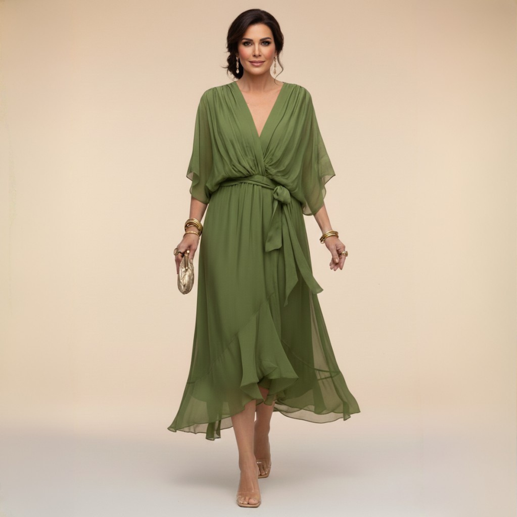 Damen Elegantes Wickel-Midikleid