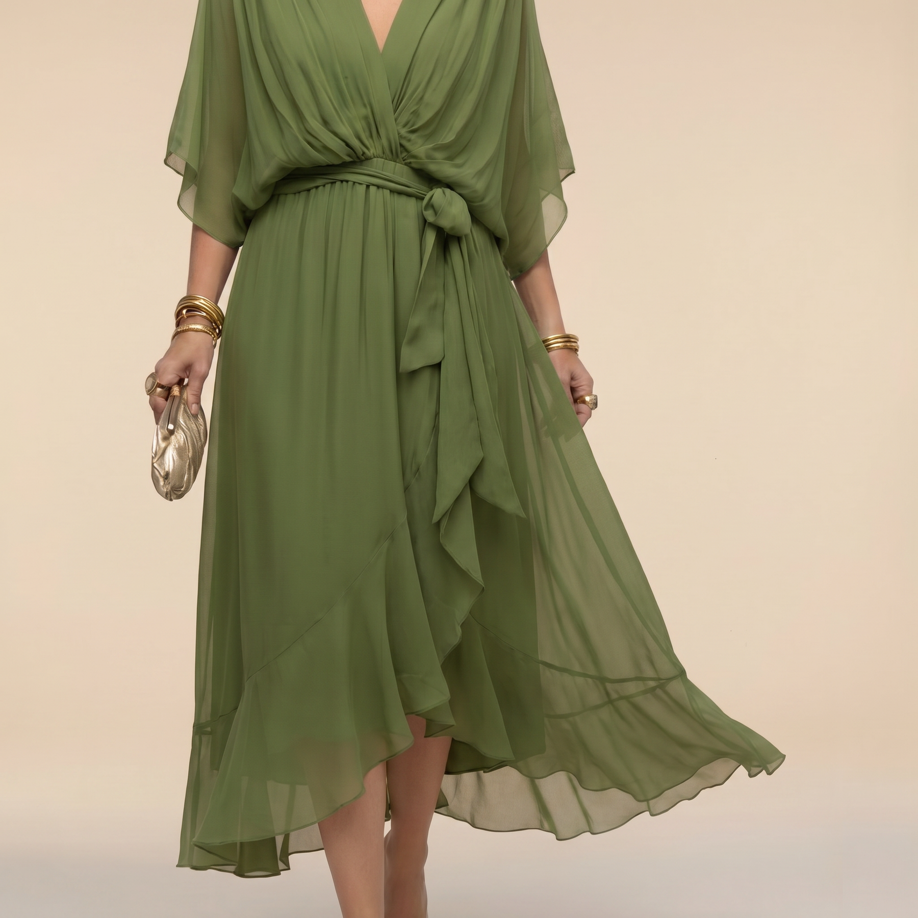 Damen Elegantes Wickel-Midikleid