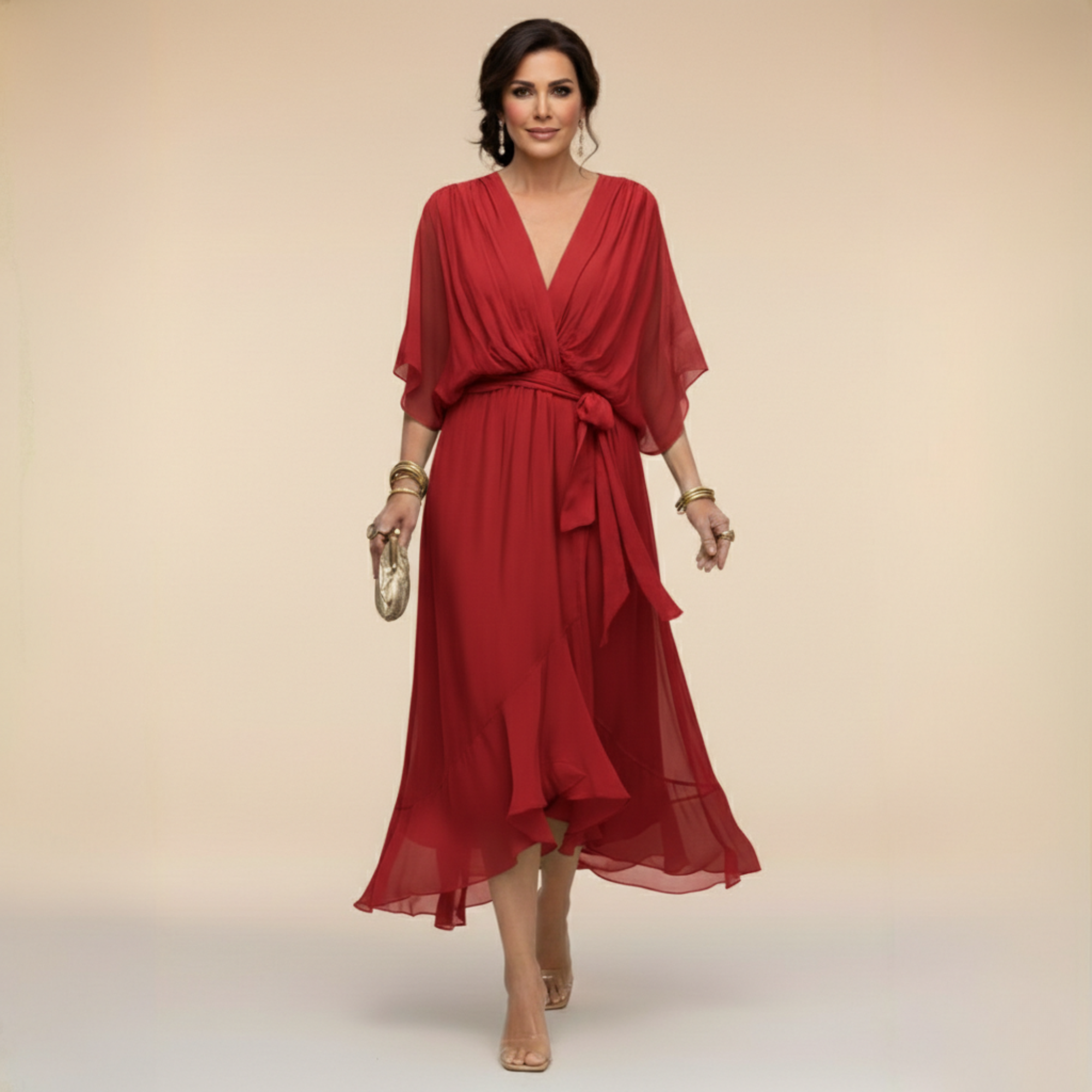 Damen Elegantes Wickel-Midikleid
