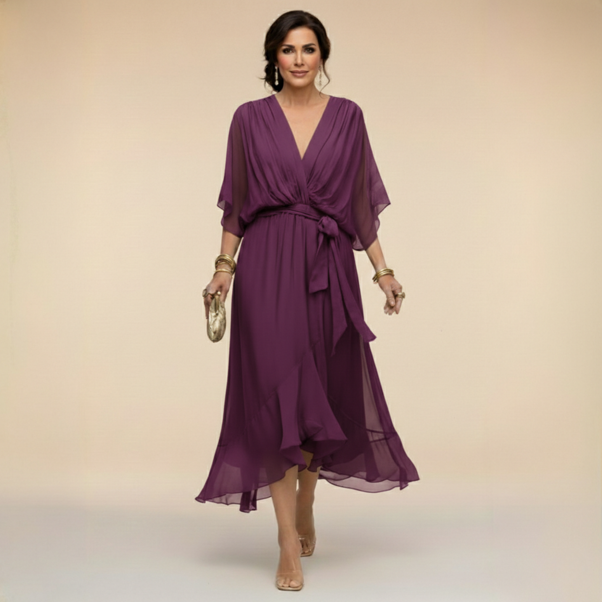 Damen Elegantes Wickel-Midikleid