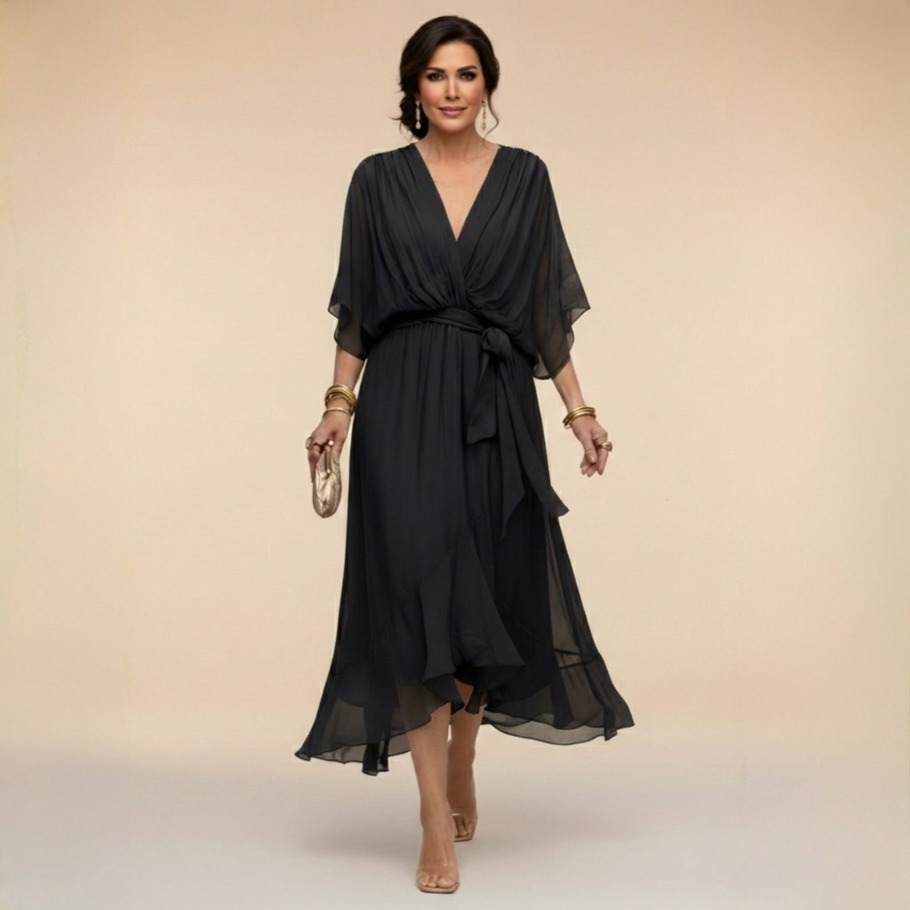 Damen Elegantes Wickel-Midikleid