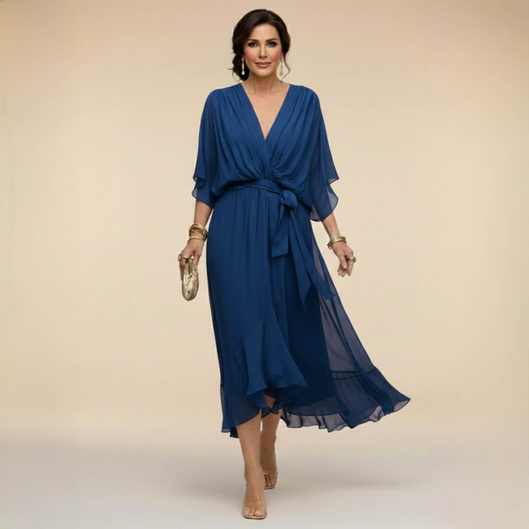 Damen Elegantes Wickel-Midikleid