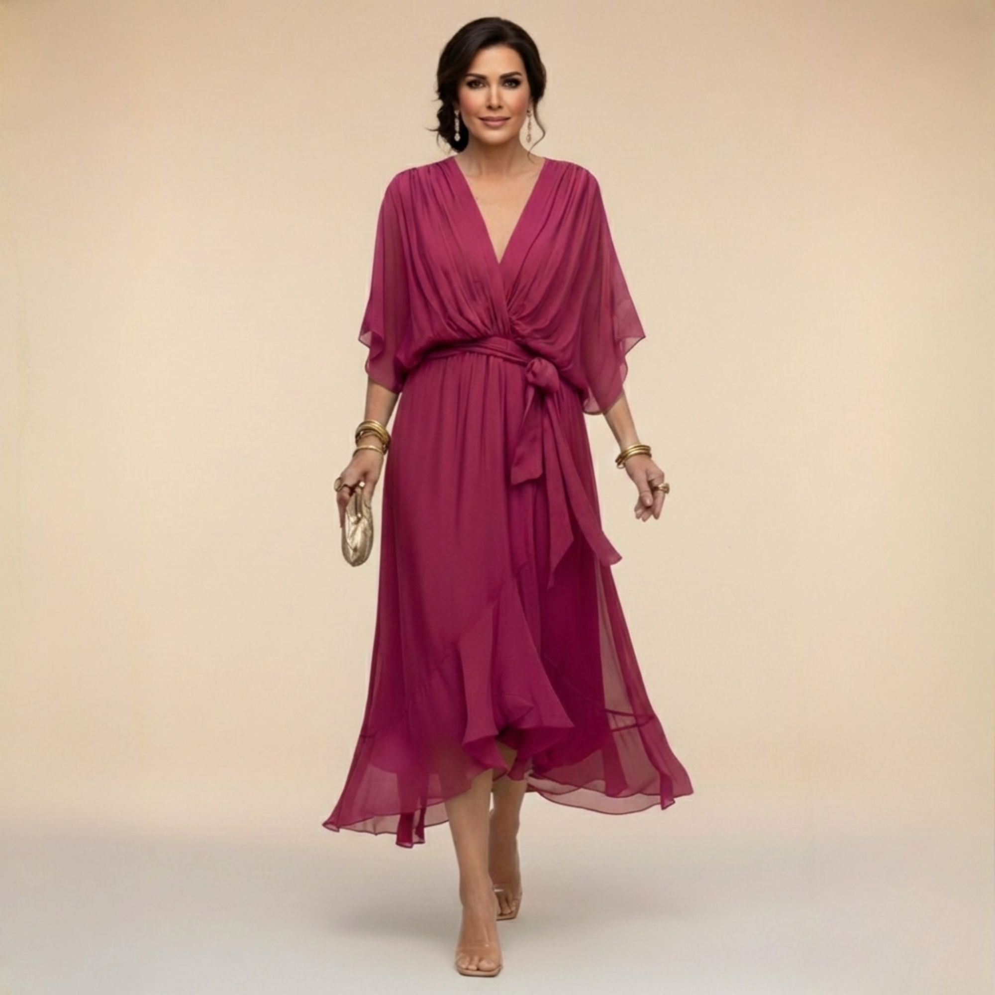 Damen Elegantes Wickel-Midikleid