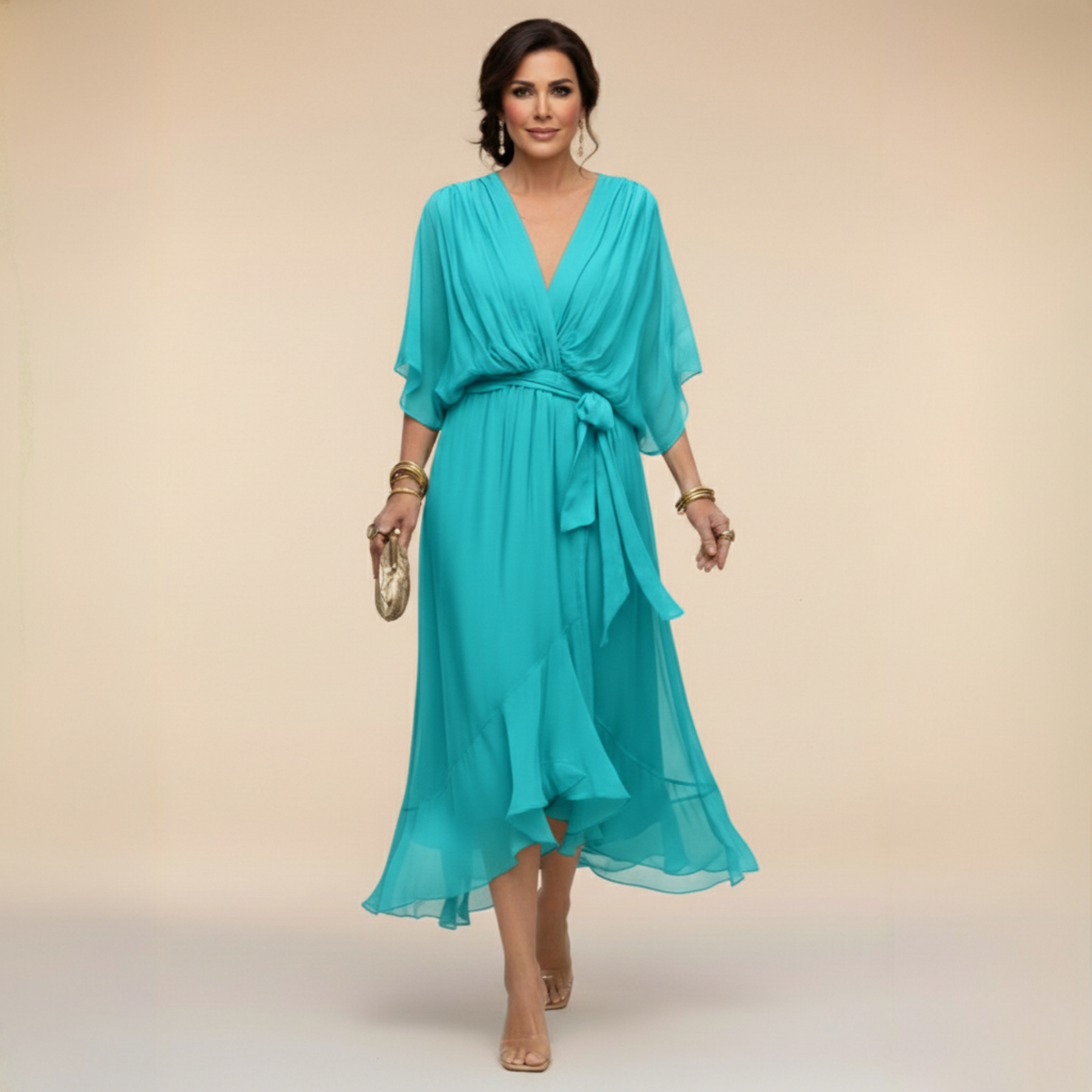 Damen Elegantes Wickel-Midikleid