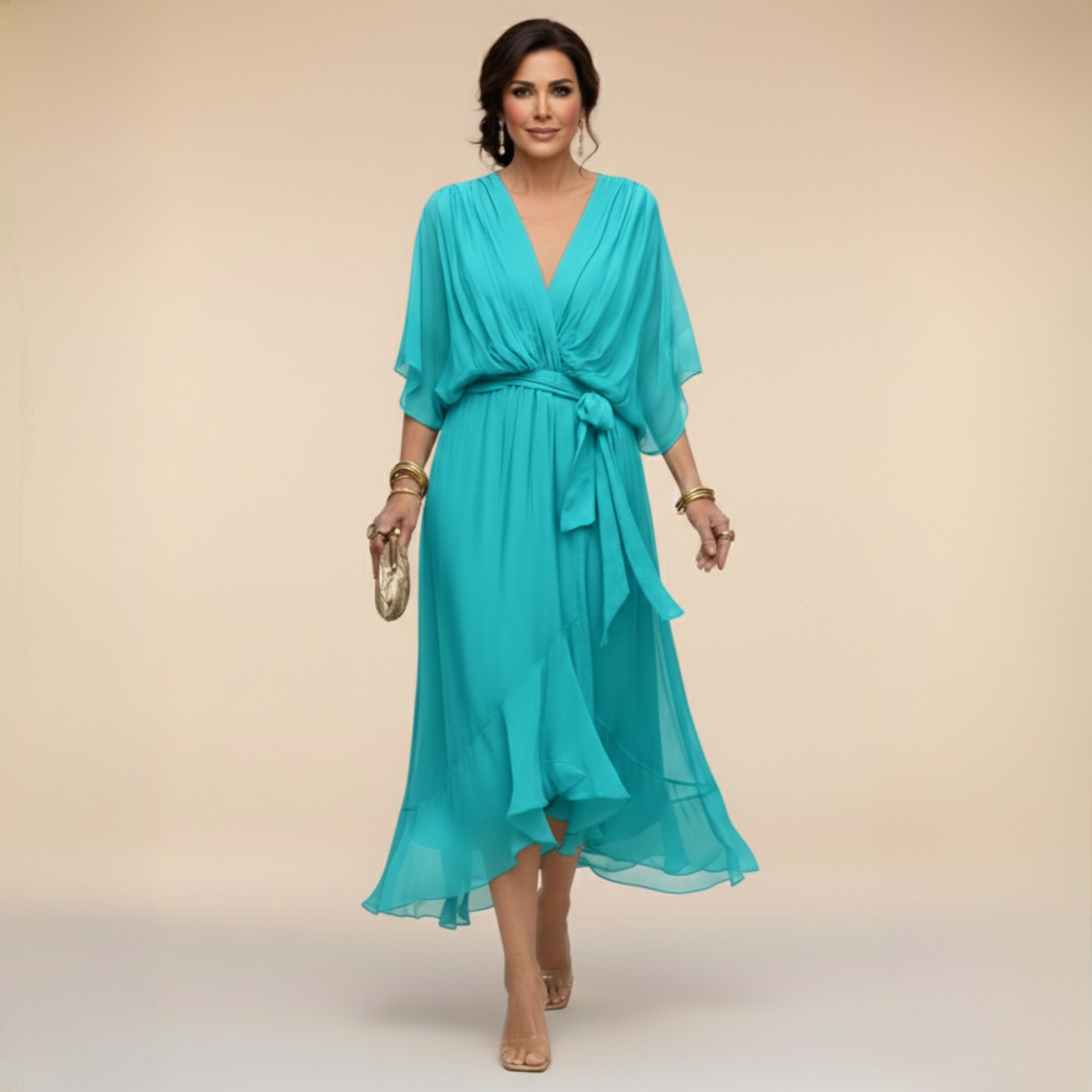 Damen Elegantes Wickel-Midikleid
