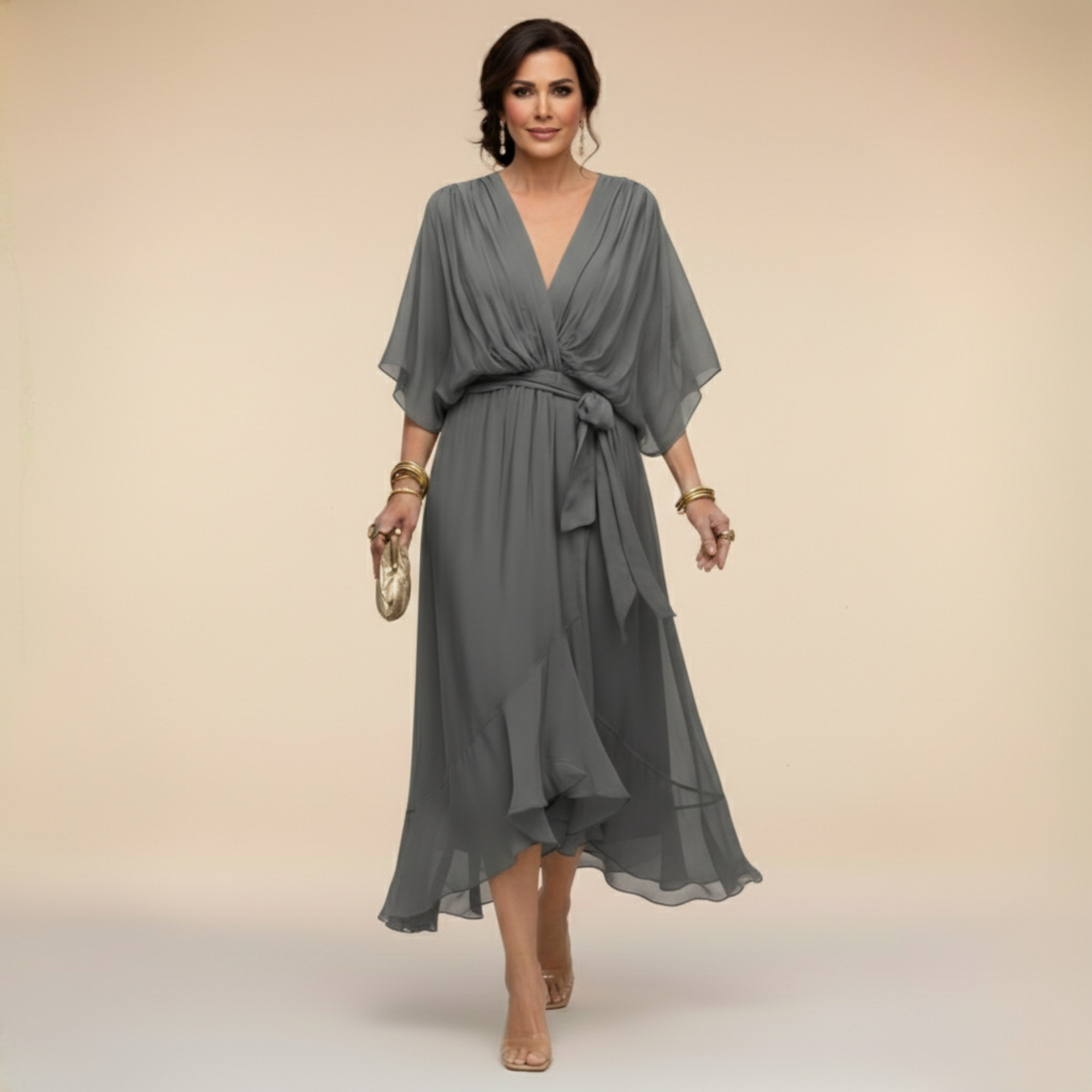 Damen Elegantes Wickel-Midikleid