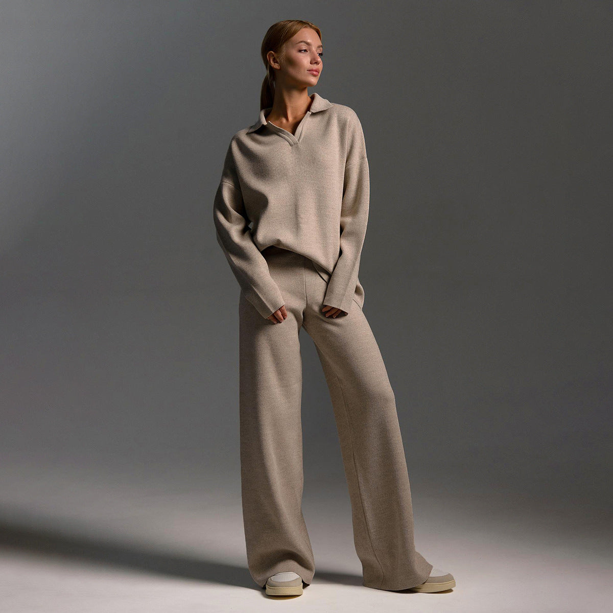 Damen Elegantes Set mit Polopullover und Weiter Hose