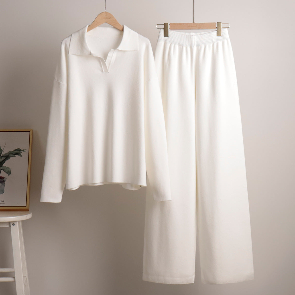 Damen Elegantes Set mit Polopullover und Weiter Hose