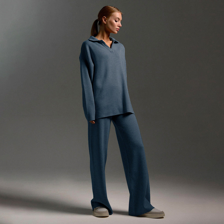 Damen Elegantes Set mit Polopullover und Weiter Hose
