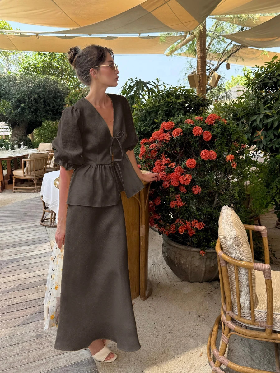 Damen Sommer Set mit V-Ausschnitt und Langem Rock