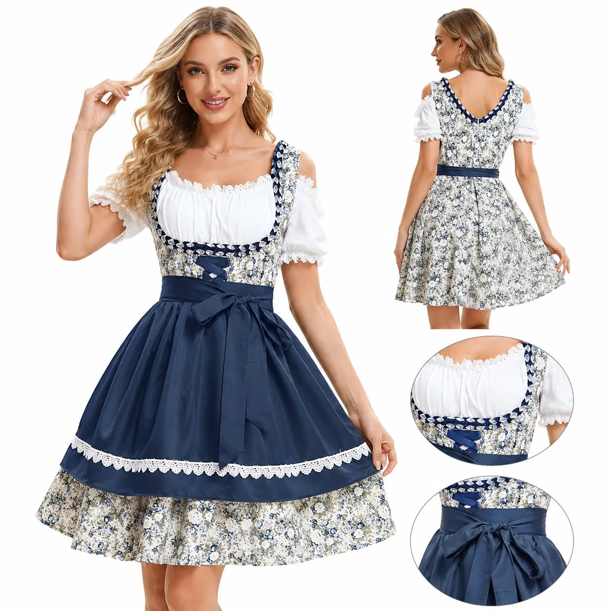 Damen Oktoberfest Dirndl mit Blumenmuster und Schürze