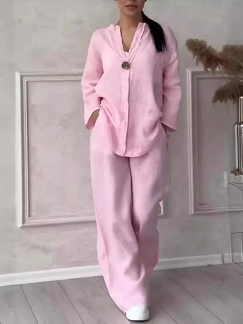 Damen Baumwoll-Leinen Set mit Bluse und Weiter Hose
