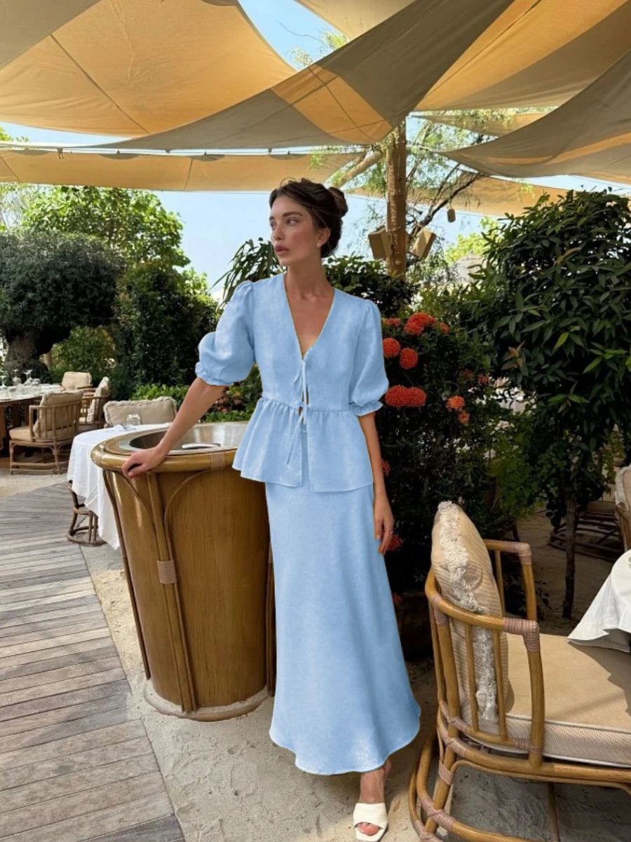 Damen Sommer Set mit V-Ausschnitt und Langem Rock