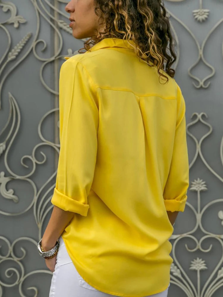 Damen Elegante Chiffon Bluse mit V-Ausschnitt