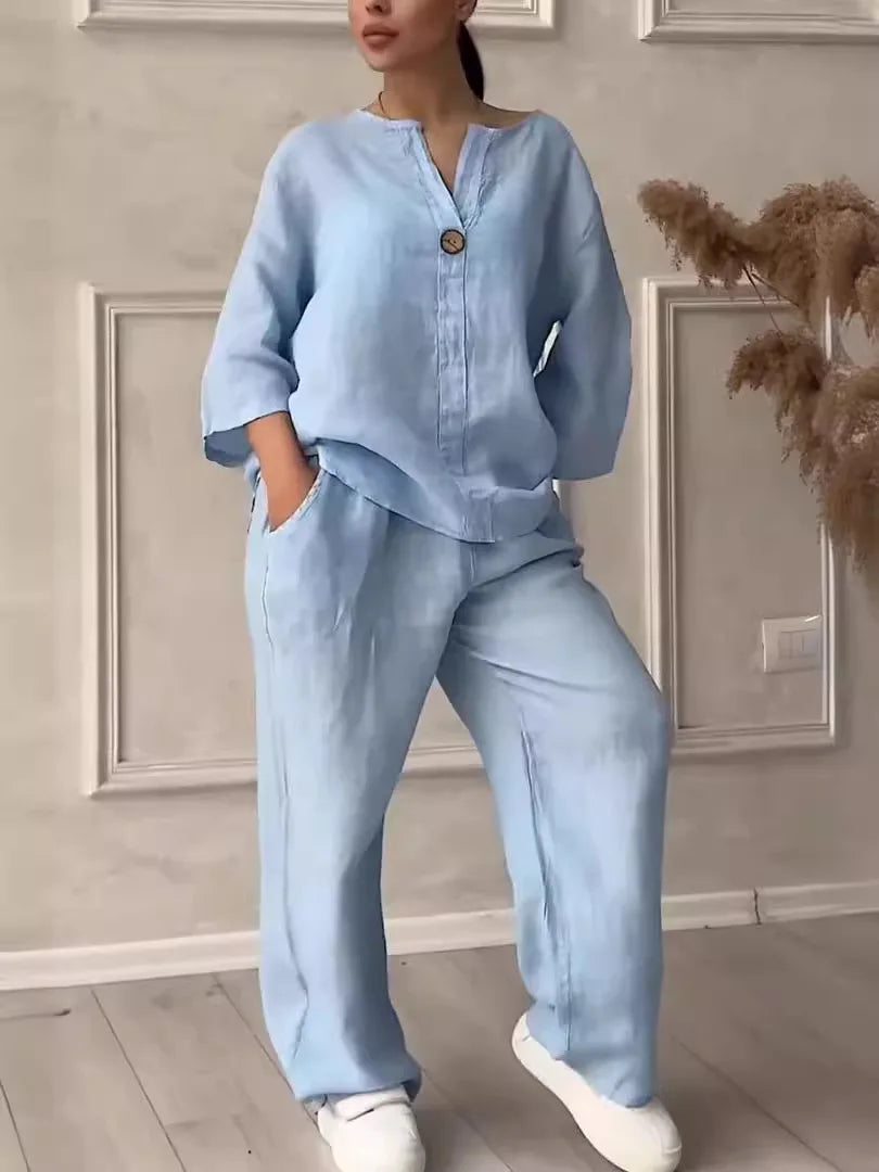 Damen Baumwoll-Leinen Set mit Bluse und Weiter Hose