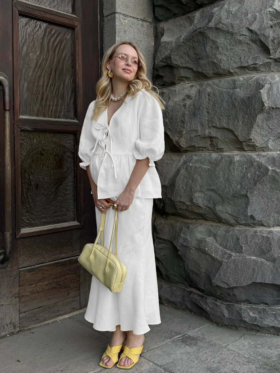 Damen Sommer Set mit V-Ausschnitt und Langem Rock