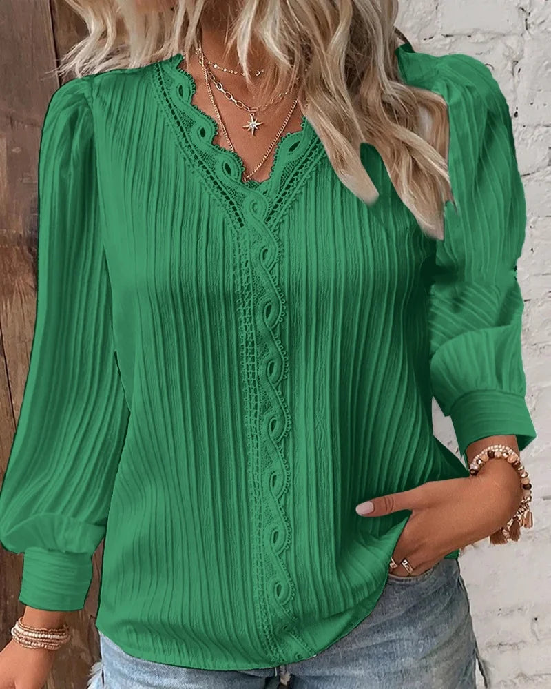 Damen Elegante Spitzenbluse mit V-Ausschnitt und Langarm