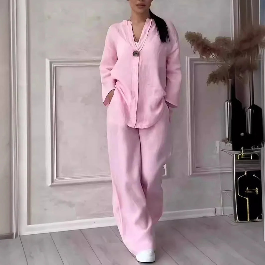 Damen Baumwoll-Leinen Set mit Bluse und Weiter Hose