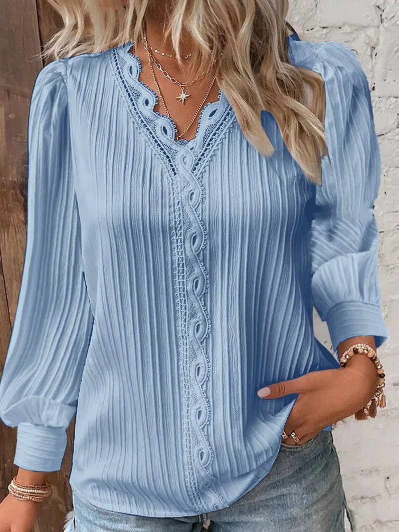 Damen Elegante Spitzenbluse mit V-Ausschnitt und Langarm