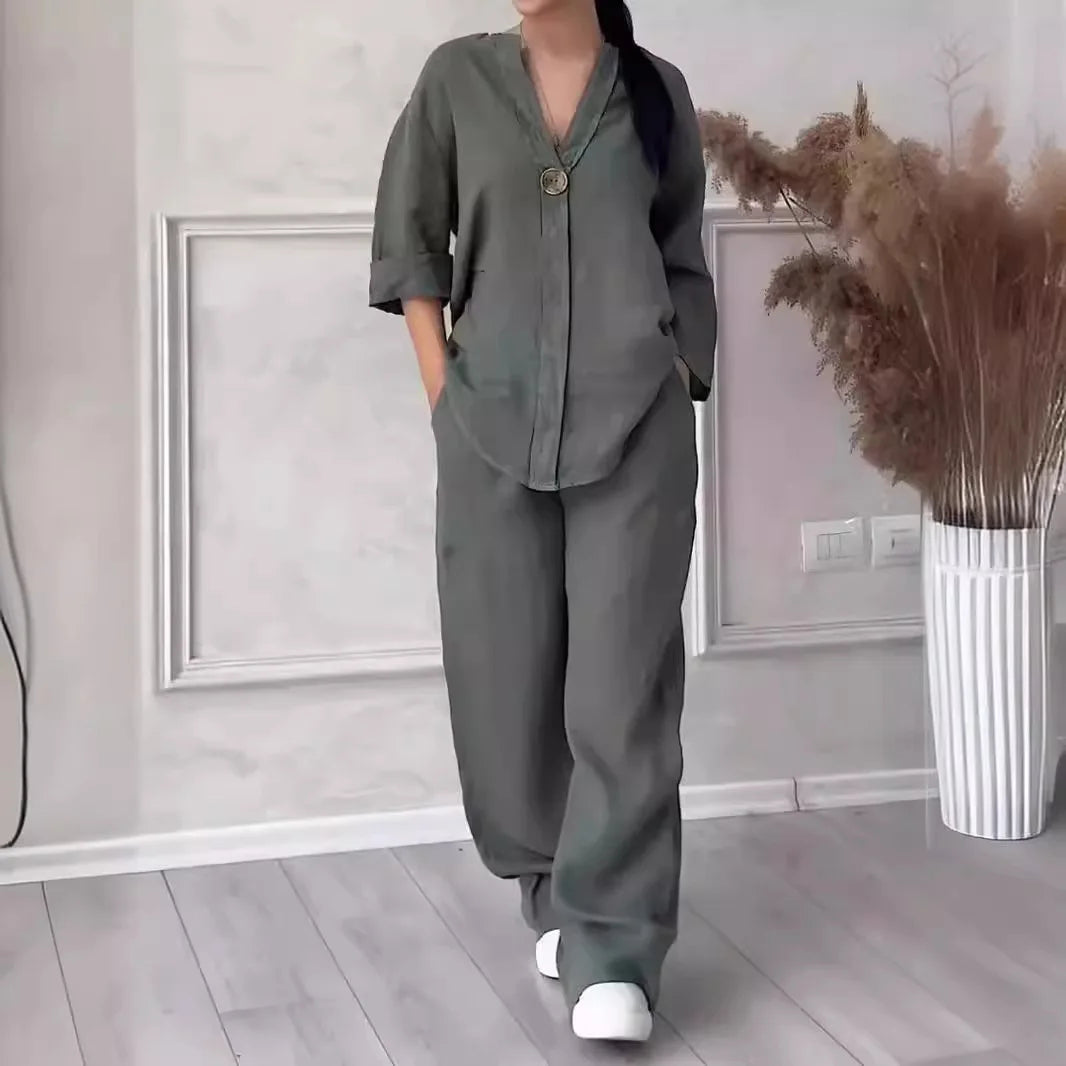 Damen Baumwoll-Leinen Set mit Bluse und Weiter Hose