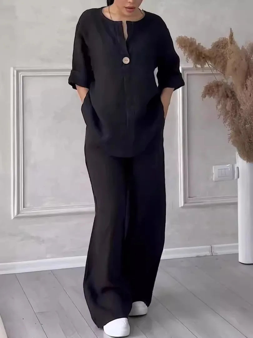 Damen Baumwoll-Leinen Set mit Bluse und Weiter Hose