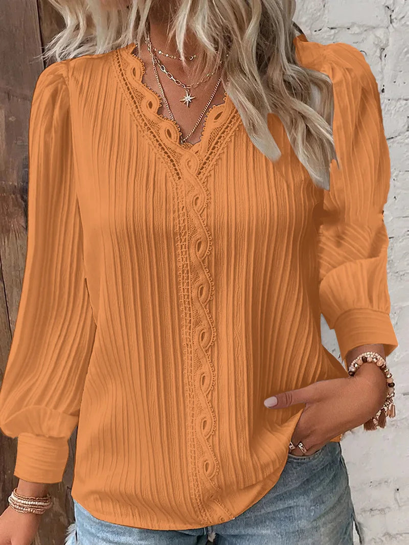 Damen Elegante Spitzenbluse mit V-Ausschnitt und Langarm